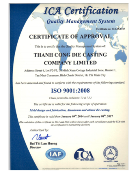 Chứng nhận ISO 9001:2008 - Khuôn Mẫu Thành Công - Công Ty TNHH Khuôn Mẫu Thành Công